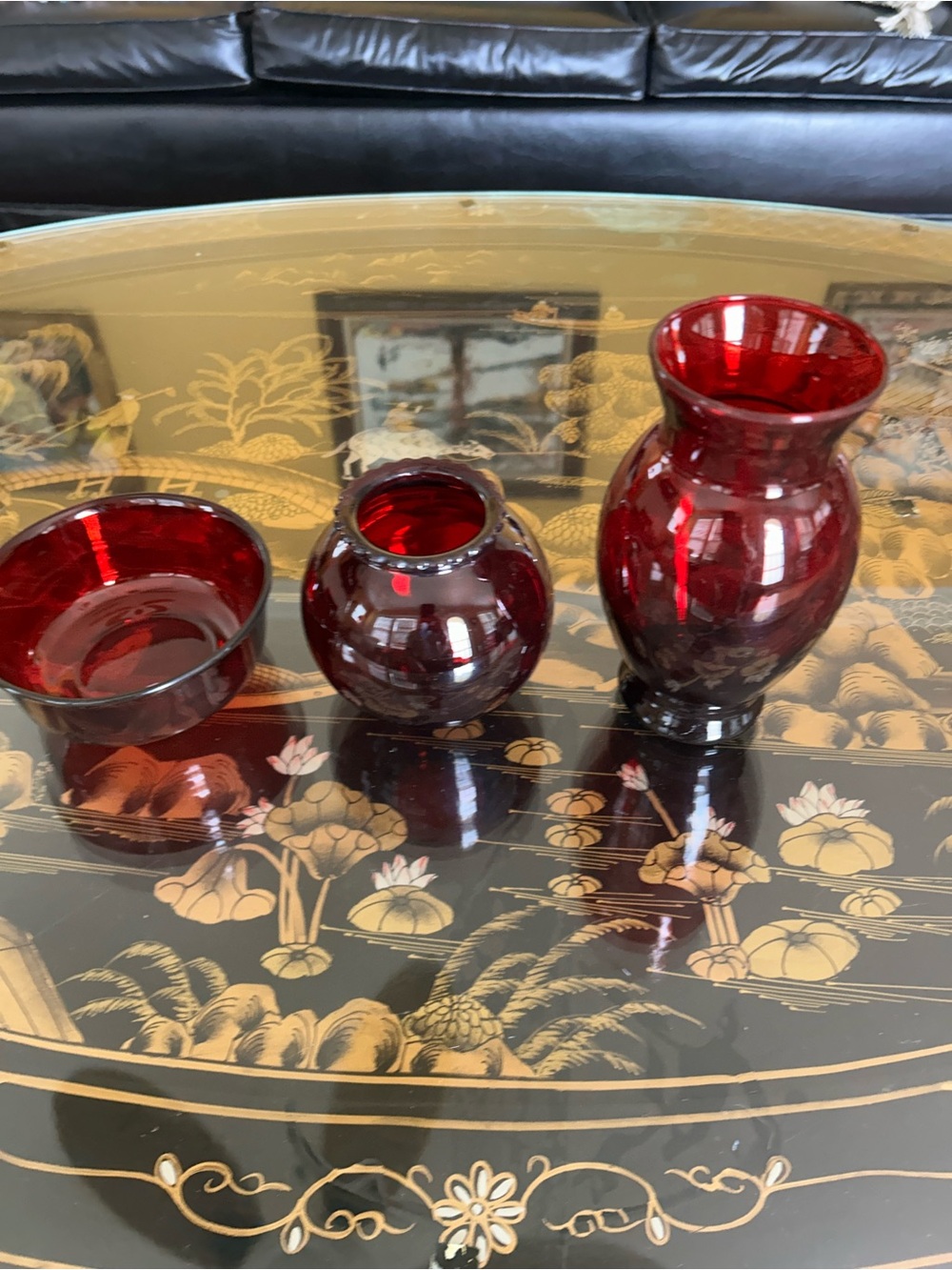 Deep Red Glass Vase Trio - Elegant Accent Set